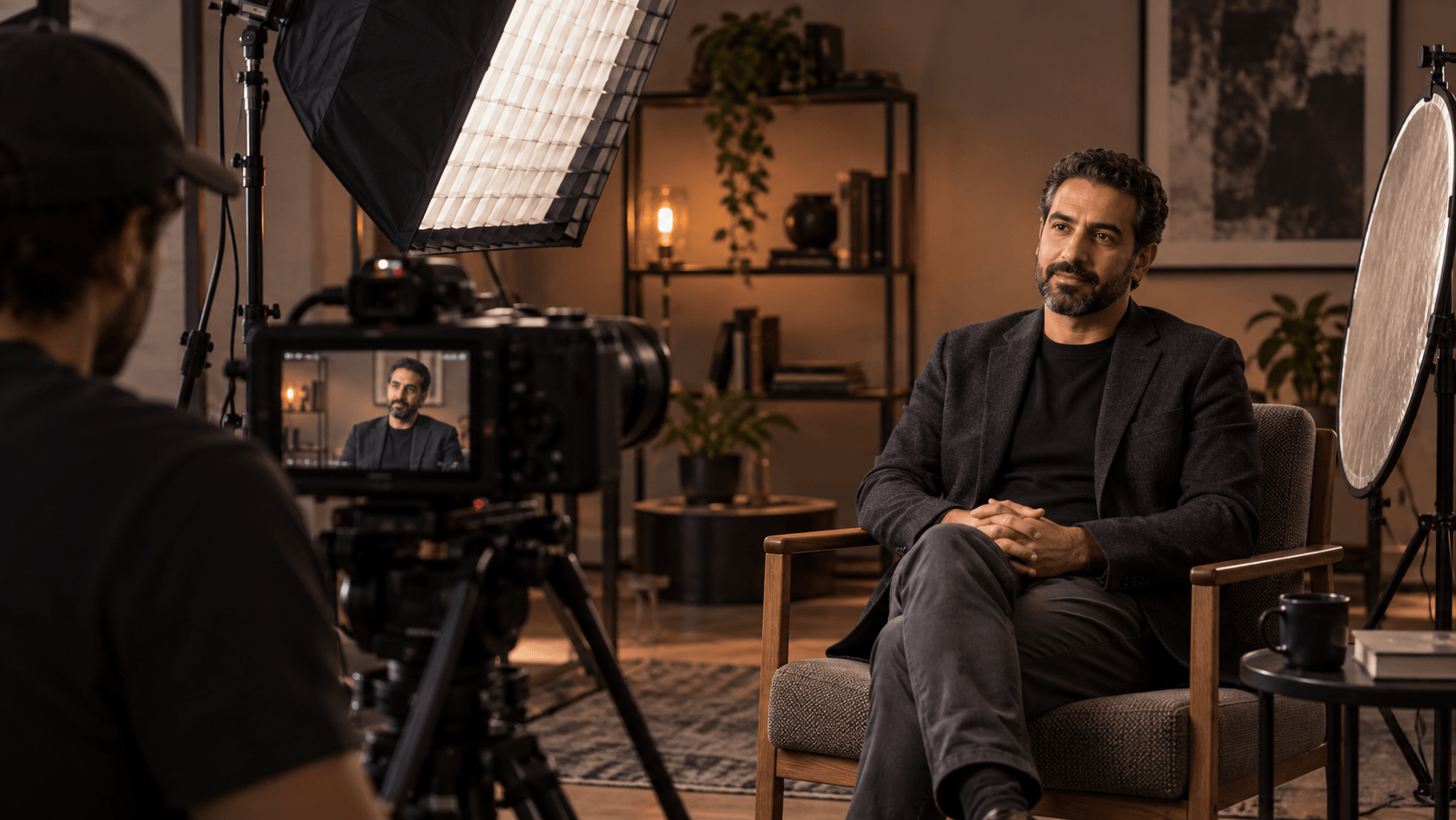 إعداد تصوير مقابلة بكاميرا وإضاءة Softbox وعاكس لضبط إضاءة الوجه والتكوين